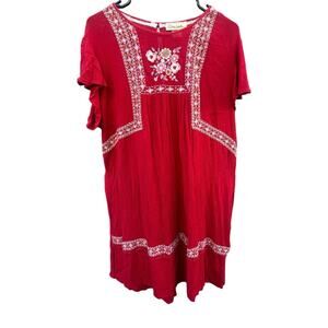 Davina Red Embroidered Boho Peasant Dress XL Floral Gauze Tunic